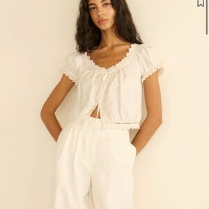 Doen Nera White Eyelet Ruffle Crop Top in Salt